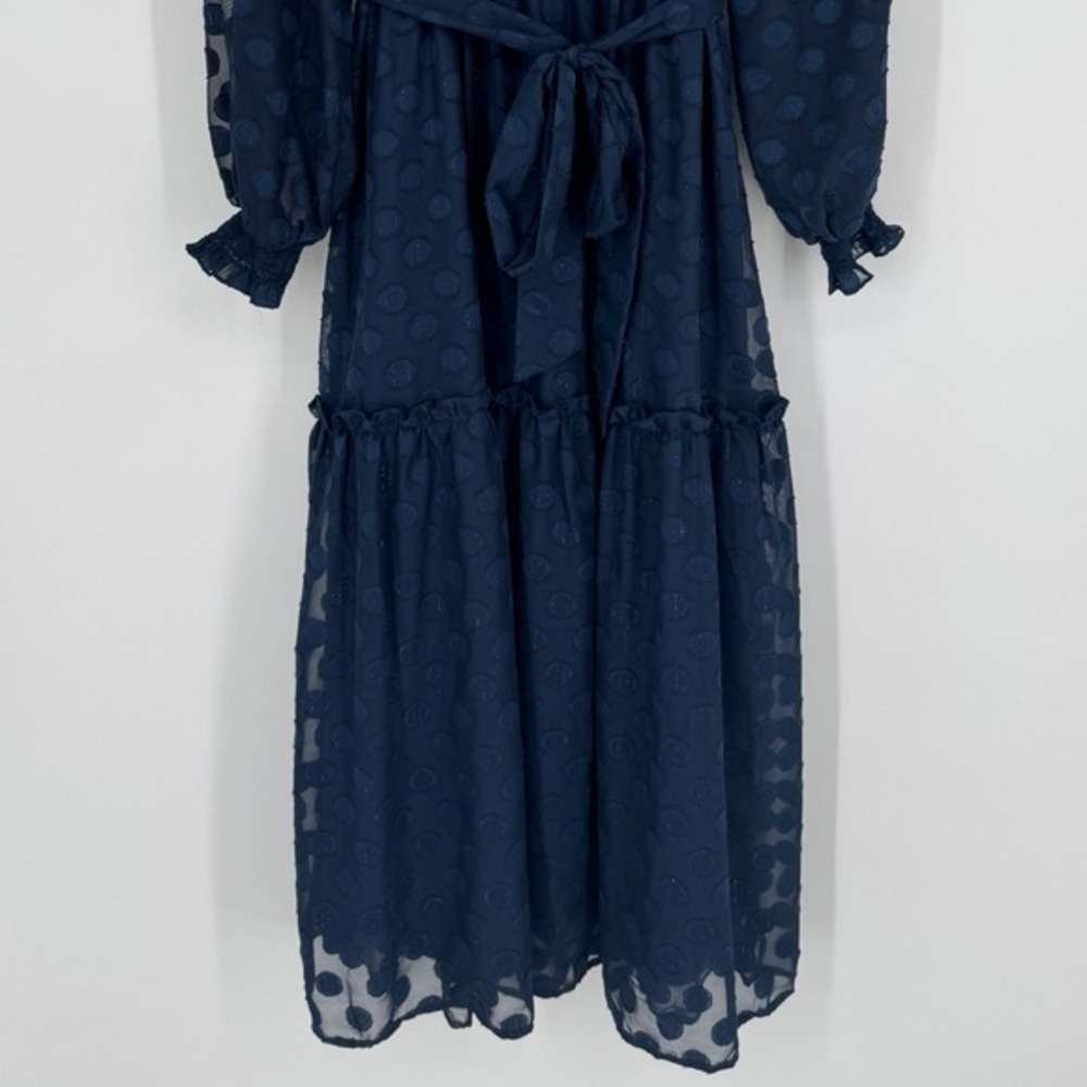 Moon River Navy Polka Dot Midi Dress Small Sheer Long Sleeve Ruffle Tie Belt - Picture 5 of 11